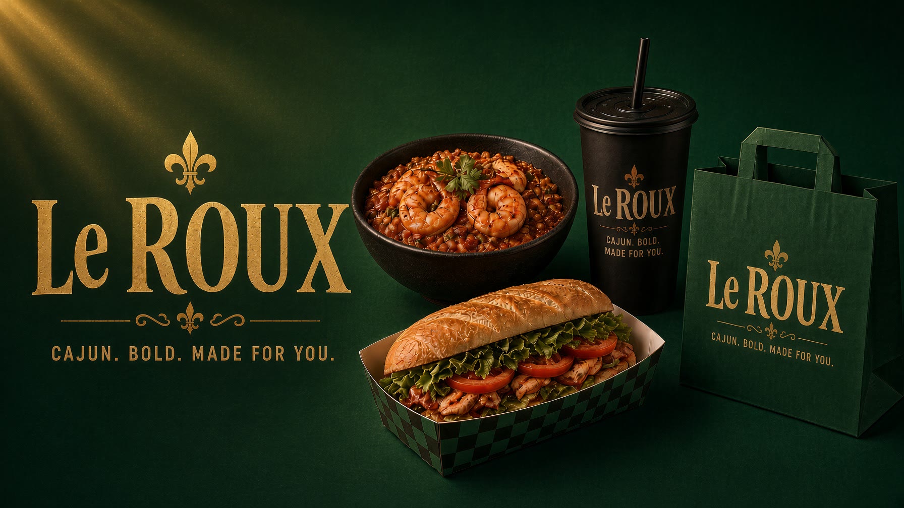 Le Roux. Cajun. Bold. Made for you. A shrimp plate, a dressed po' boy, a cup, and a takeout bag.